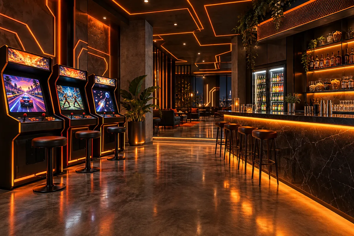 Arcade cabinets with stools beside a dark marble bar counter lit in orange, drinks fridge behind