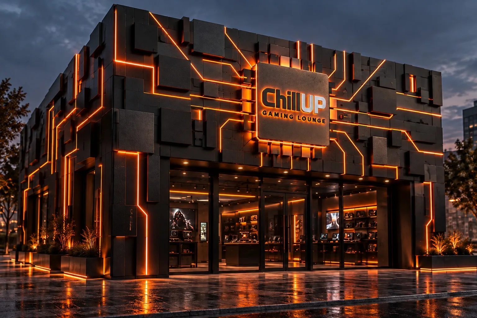 Night view of a Chill UP storefront: dark block facade crossed by glowing orange circuit lines around the Chill UP sign